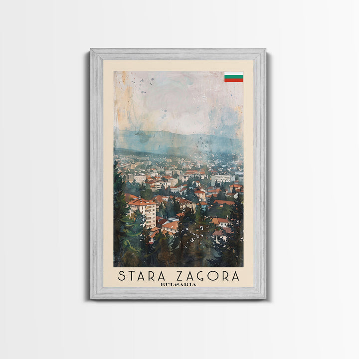 Stara Zagora Bulgaria Travel Poster Framed Canvas Print, Watercolor Painting, Scenic Wall Art, Home Decor, Bulgarian Landscape, Modern Art