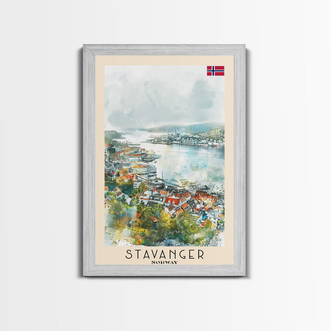 Stavanger Norway Travel Poster Framed Canvas Print, Watercolor Painting, Coastal Wall Art, Home Decor, Norwegian Seaside, Nautical Decor