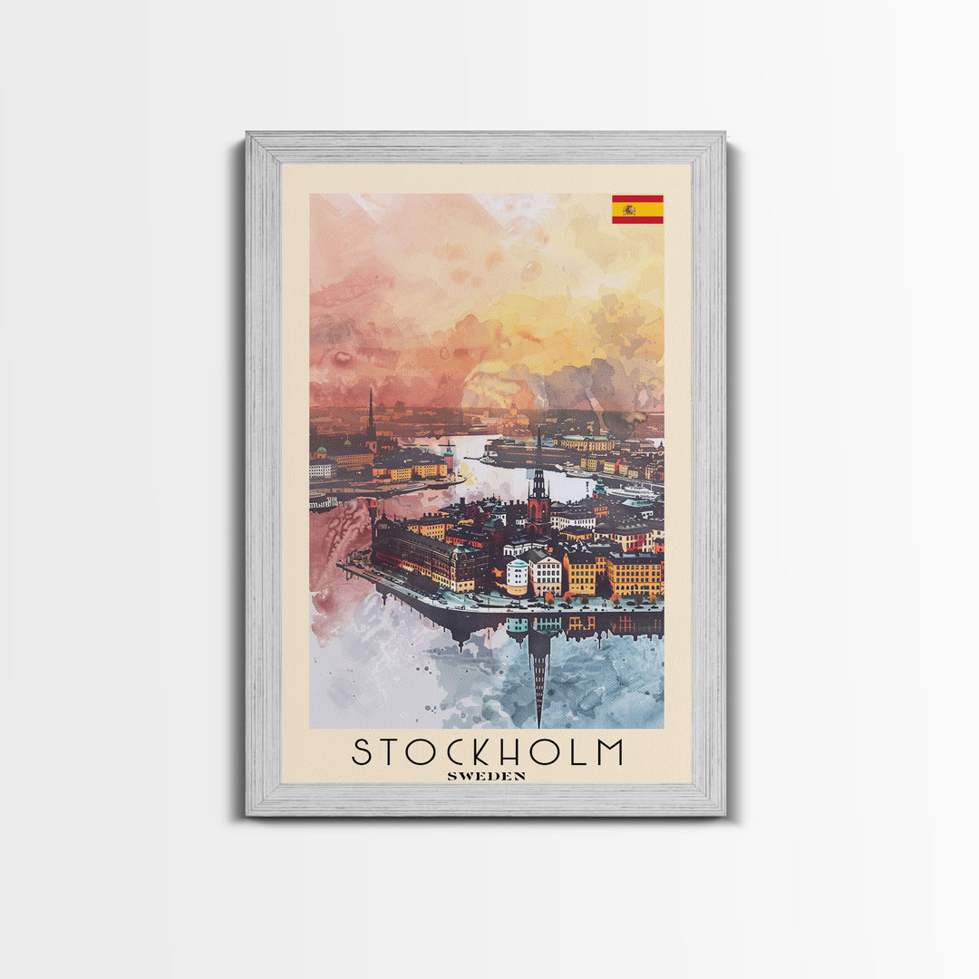 Stockholm Sweden Travel Poster Framed Canvas Print, Watercolor Painting, Scenic Wall Art, Home Decor, Swedish Cityscape, Contemporary Art