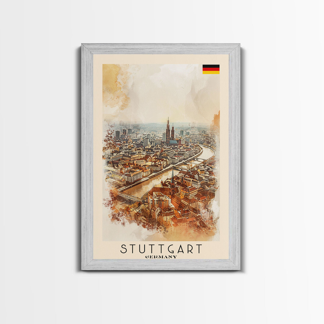 Stuttgart Germany Travel Poster Framed Canvas Print, Watercolor Painting, Urban Wall Art, Home Decor, German Cityscape, Modern Art