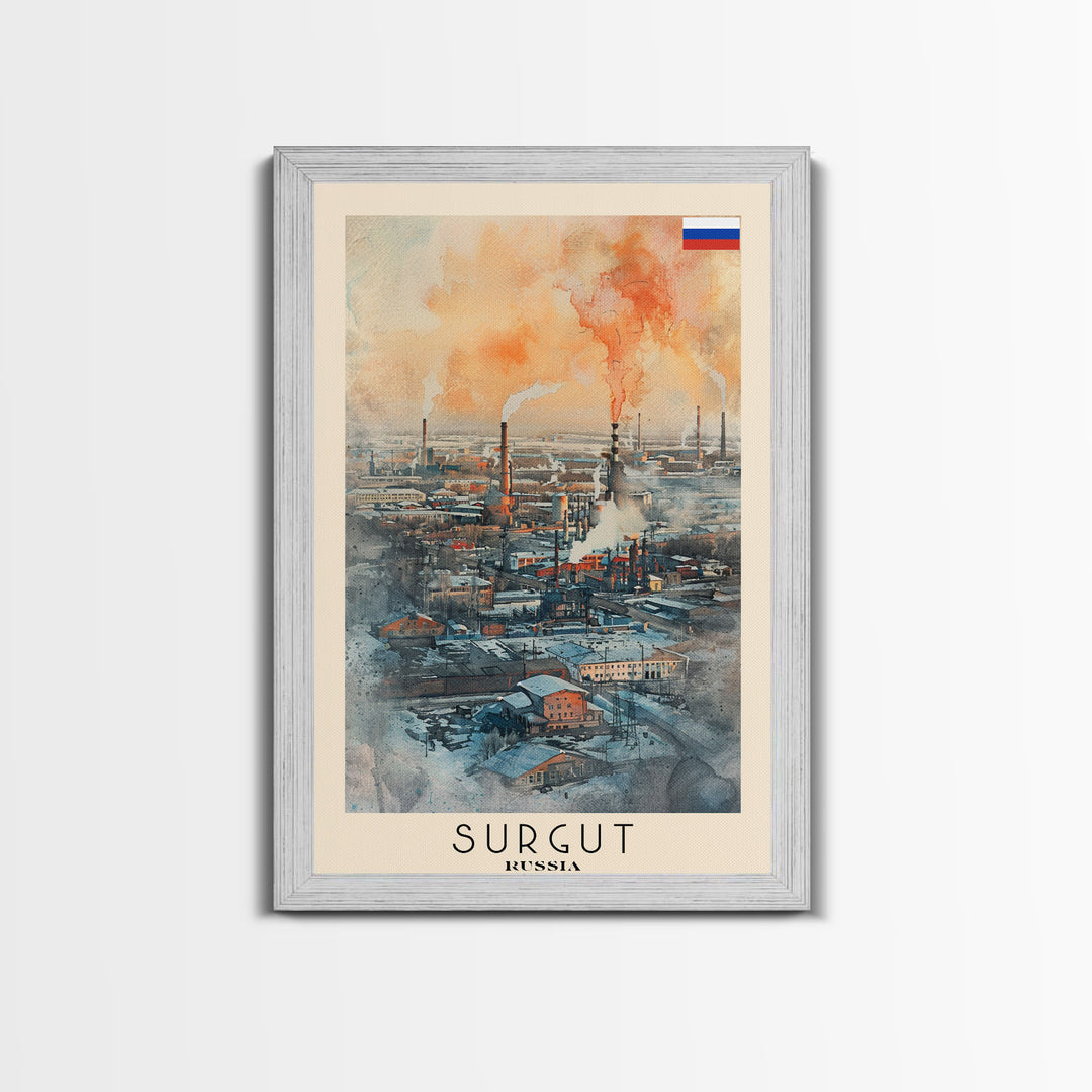 Surgut Russia Travel Poster Framed Canvas Print, Watercolor Painting, Scenic Wall Art, Home Decor, Russian Landscape, Minimalist Art