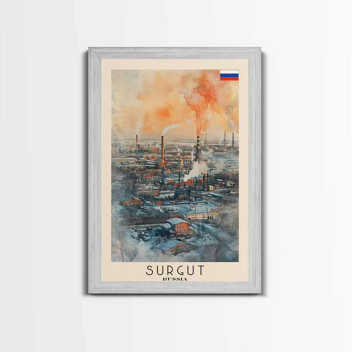 Surgut Russia Travel Poster Framed Canvas Print, Watercolor Painting, Scenic Wall Art, Home Decor, Russian Landscape, Minimalist Art