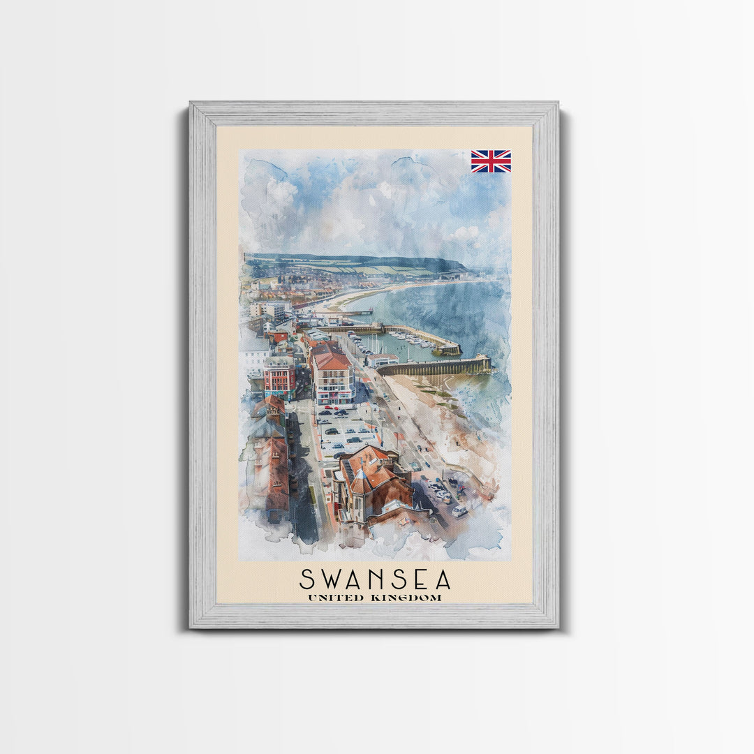 Swansea United Kingdom Travel Poster Framed Canvas Print, Watercolor Painting, Coastal Wall Art, Home Decor, British Seaside, Nautical Art