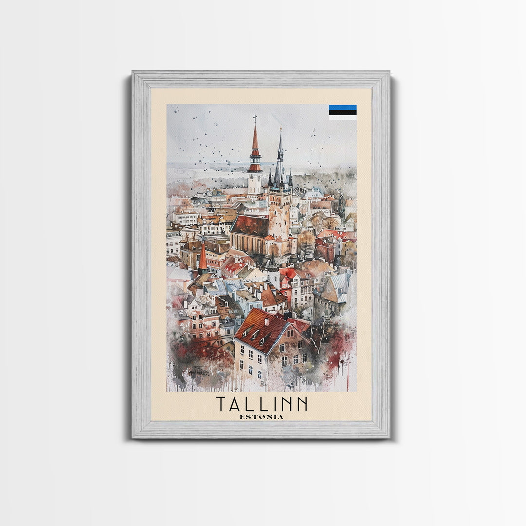 Tallinn Estonia Travel Poster Framed Canvas Print, Watercolor Painting, Scenic Wall Art, Home Decor, Estonian Cityscape, Modern Art