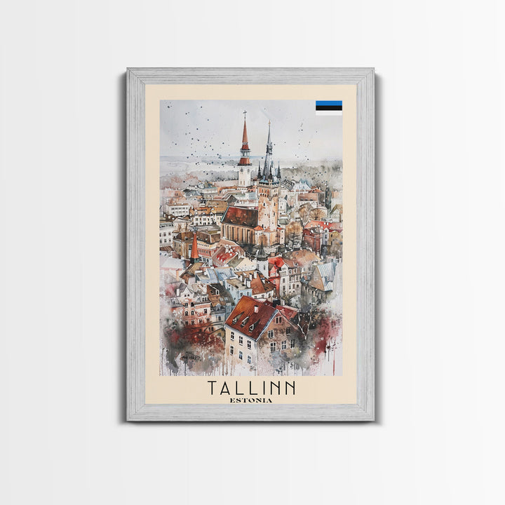 Tallinn Estonia Travel Poster Framed Canvas Print, Watercolor Painting, Scenic Wall Art, Home Decor, Estonian Cityscape, Modern Art