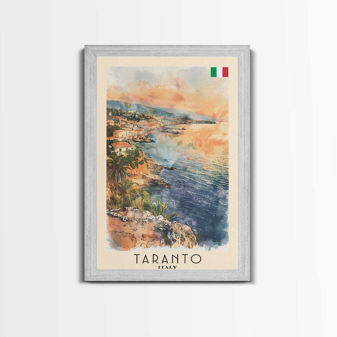 Taranto Italy Travel Poster Framed Canvas Print, Watercolor Painting, Coastal Wall Art, Home Decor, Italian Seaside, Nautical Decor