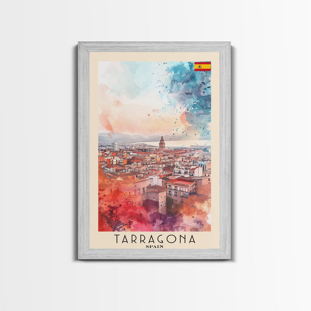 Tarragona Spain Travel Poster Framed Canvas Print, Watercolor Painting, Scenic Wall Art, Home Decor, Spanish Cityscape, Classic Art