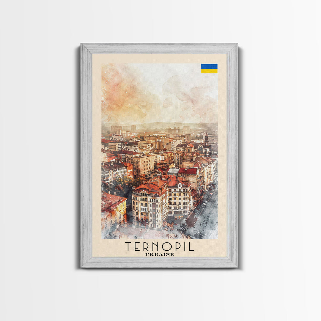 Ternopil Ukraine Travel Poster Framed Canvas Print, Watercolor Painting, Scenic Wall Art, Home Decor, Ukrainian Landscape, Classic Decor