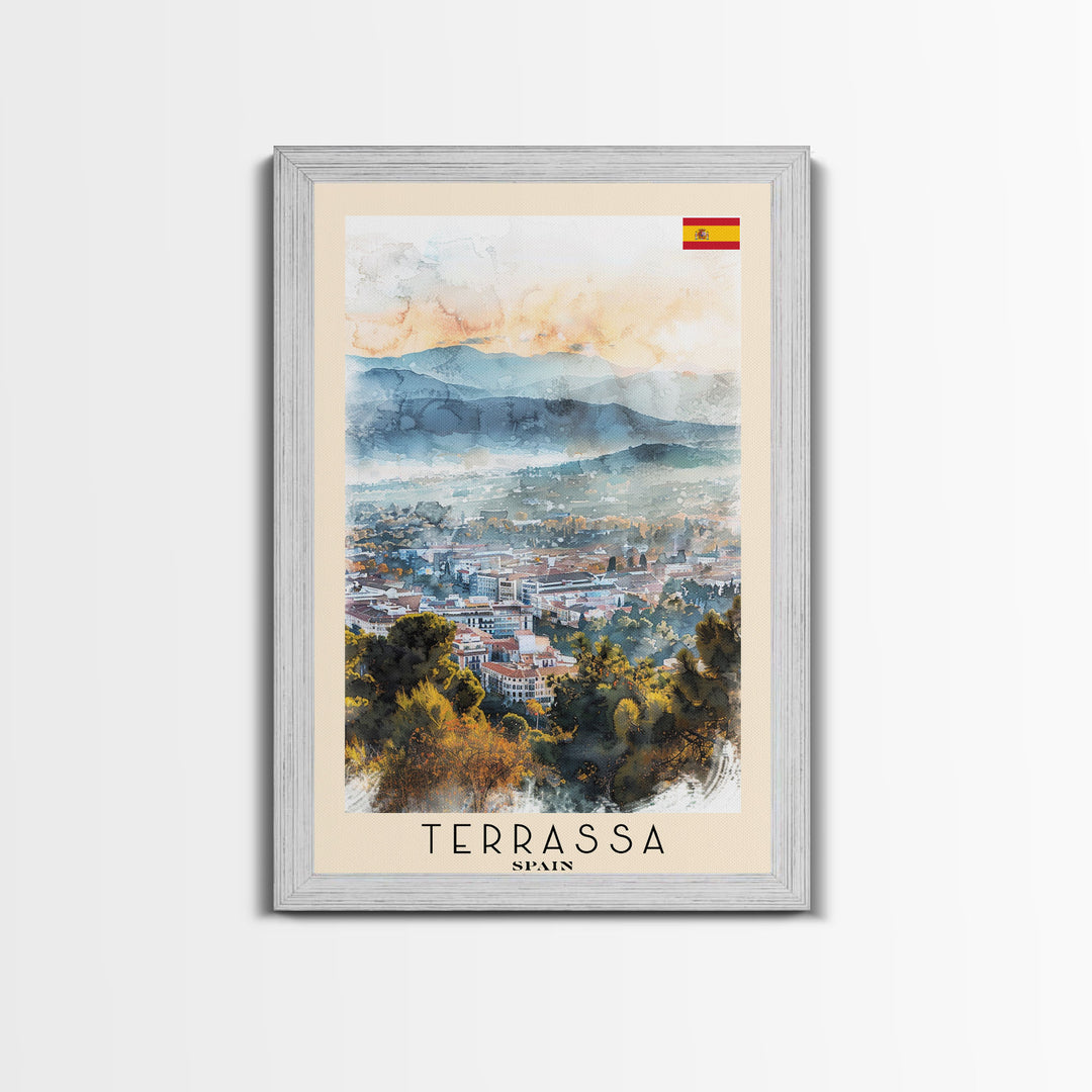 Terrassa Spain Travel Poster Framed Canvas Print, Watercolor Painting, Urban Wall Art, Home Decor, Spanish Cityscape, Modern Art