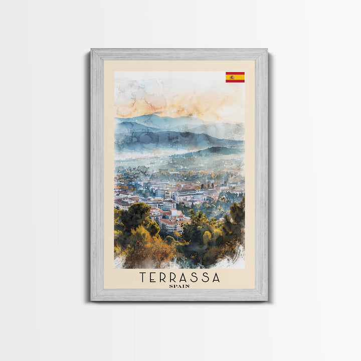 Terrassa Spain Travel Poster Framed Canvas Print, Watercolor Painting, Urban Wall Art, Home Decor, Spanish Cityscape, Modern Art