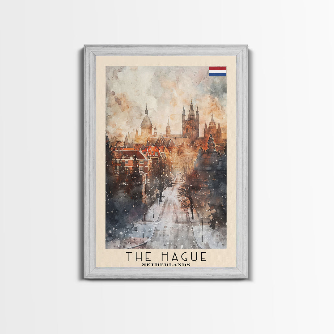 The Hague Netherlands Travel Poster Framed Canvas Print, Watercolor Painting, Scenic Wall Art, Home Decor, Dutch Cityscape, Artistic Art