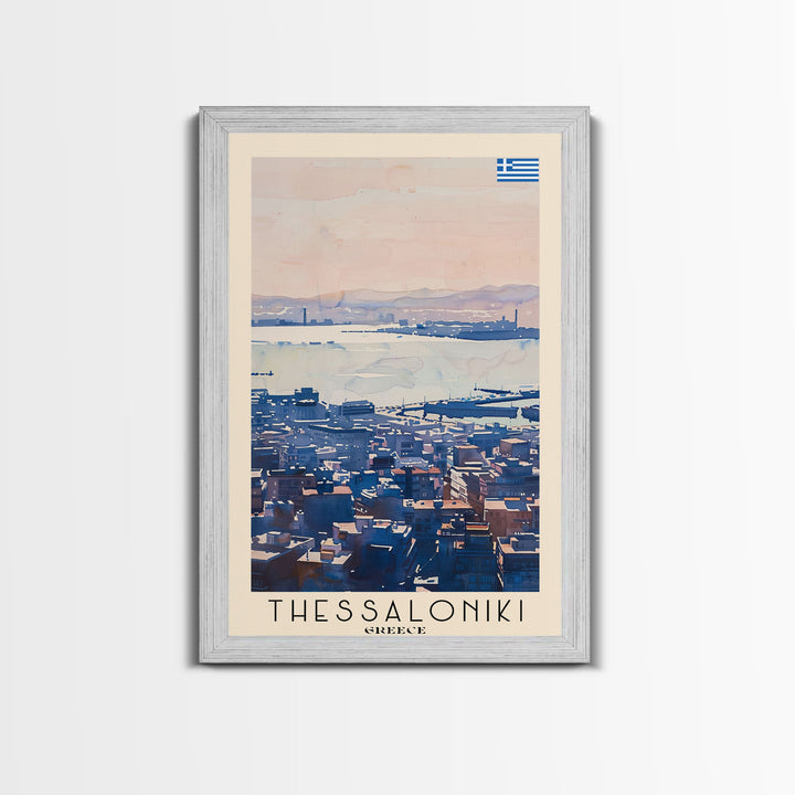 Thessaloniki Greece Travel Poster Framed Canvas Print, Watercolor Painting, Coastal Wall Art, Home Decor, Greek Seaside, Classic Decor