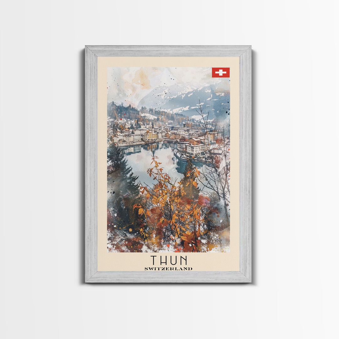 Thun Switzerland Travel Poster Framed Canvas Print, Watercolor Painting, Scenic Wall Art, Home Decor, Swiss Landscape, Alpine Art