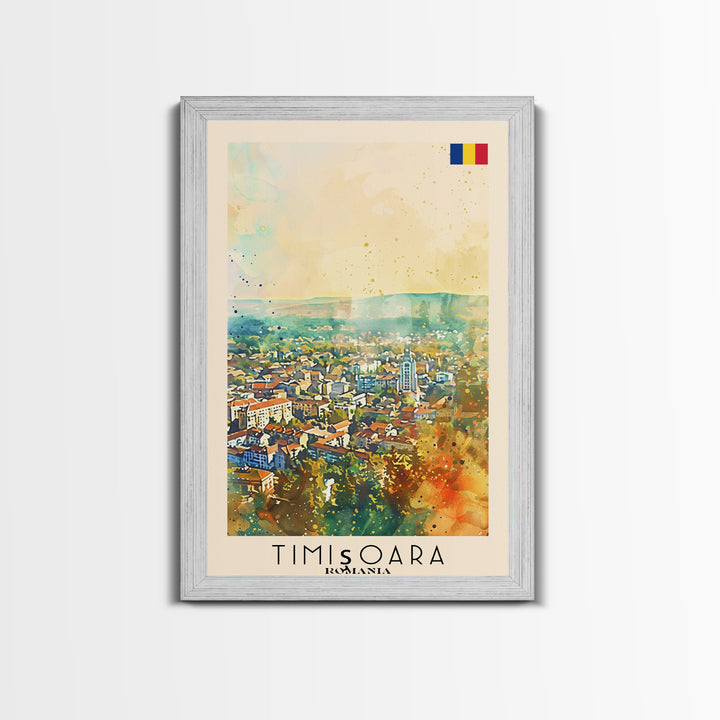 Timisoara Romania Travel Poster Framed Canvas Print, Watercolor Painting, Scenic Wall Art, Home Decor, Romanian Architecture, Heritage Art