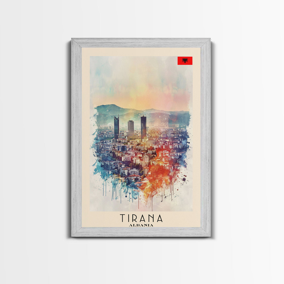 Tirana Albania Travel Poster Framed Canvas Print, Watercolor Painting, Urban Wall Art, Home Decor, Albanian Cityscape, Exotic Decor