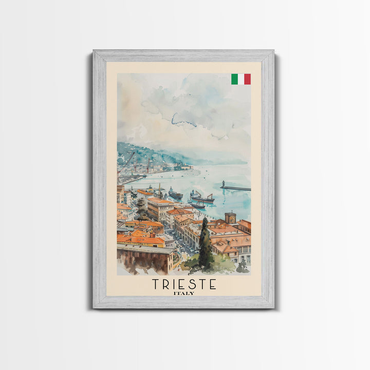 Trieste Italy Travel Poster Framed Canvas Print, Watercolor Painting, Coastal Wall Art, Home Decor, Italian Seaside, Nautical Art