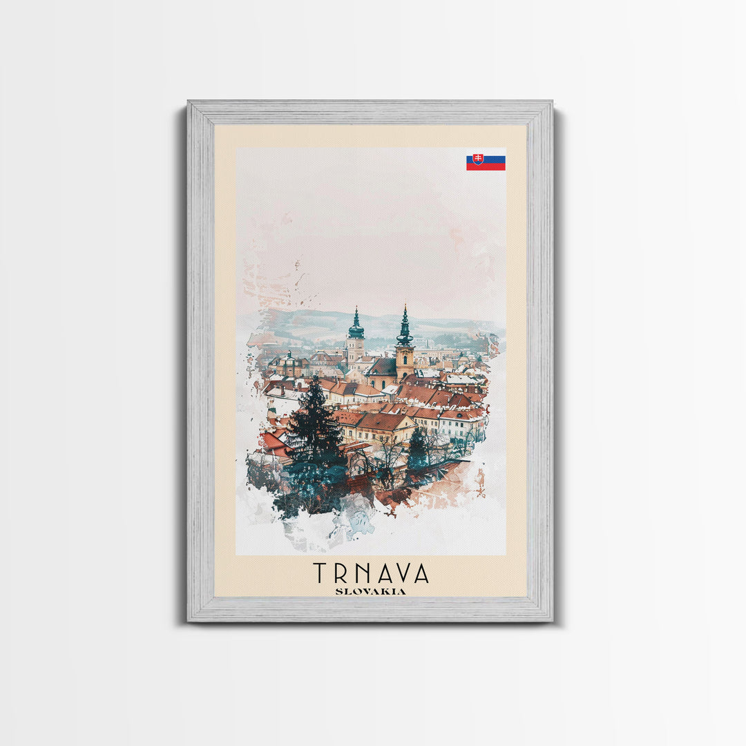 Trnava Slovakia Travel Poster Framed Canvas Print, Watercolor Painting, Scenic Wall Art, Home Decor, Slovakian Cityscape, Modern Decor