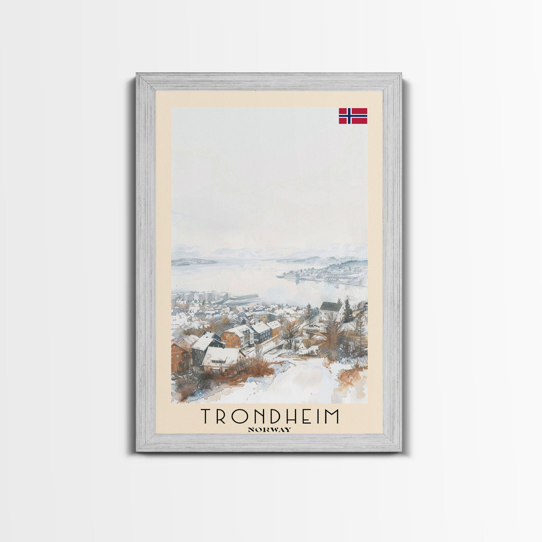 Trondheim Norway Travel Poster Framed Canvas Print, Watercolor Painting, Coastal Wall Art, Home Decor, Norwegian Seaside, Nordic Decor