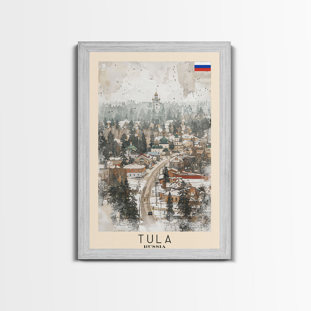 Tula Russia Travel Poster Framed Canvas Print, Watercolor Painting, Urban Wall Art, Home Decor, Russian Cityscape, Classic Art