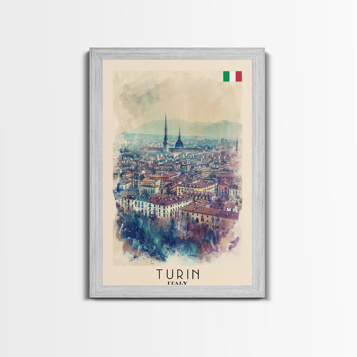 Turin Italy Travel Poster Framed Canvas Print, Watercolor Painting, Urban Wall Art, Home Decor, Italian Cityscape, Vintage Decor