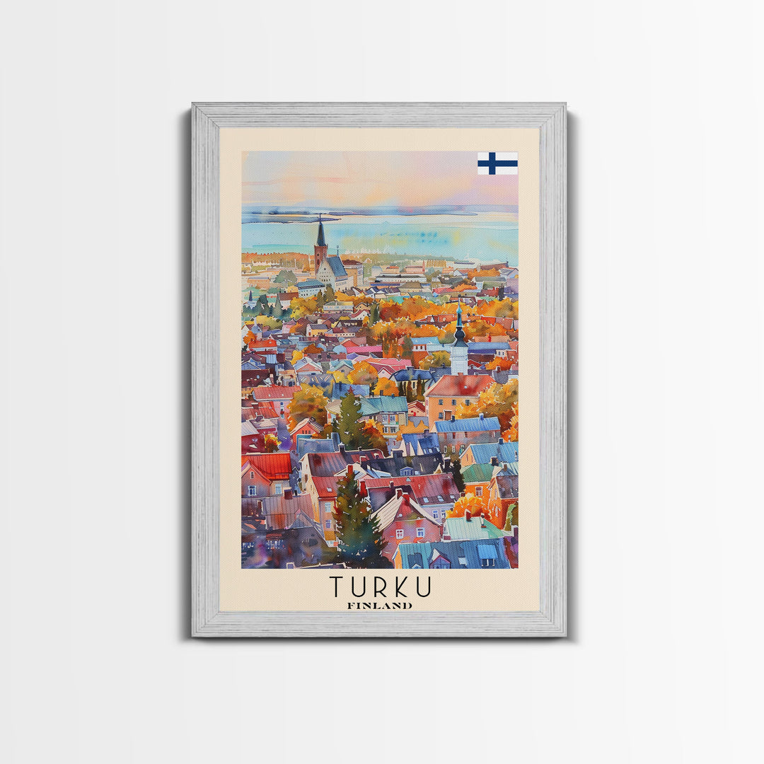 Turku Finland Travel Poster Framed Canvas Print, Watercolor Painting, Coastal Wall Art, Home Decor, Finnish Seaside, Contemporary Decor