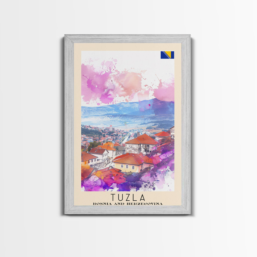 Tuzla Bosnia Travel Poster Framed Canvas Print, Watercolor Painting, Scenic Wall Art, Home Decor, Bosnian Landscape, Unique Art