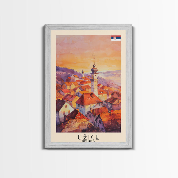 Uice Serbia Travel Poster Framed Canvas Print, Watercolor Painting, Scenic Wall Art, Home Decor, Serbian Landscape, Heritage Art