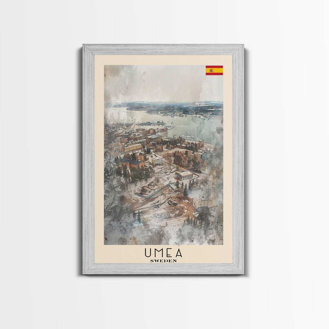 Ume Sweden Travel Poster Framed Canvas Print, Watercolor Painting, Scenic Wall Art, Home Decor, Swedish Landscape, Nordic Decor