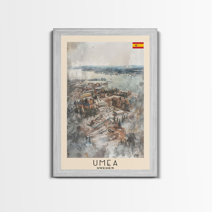 Ume Sweden Travel Poster Framed Canvas Print, Watercolor Painting, Scenic Wall Art, Home Decor, Swedish Landscape, Nordic Decor