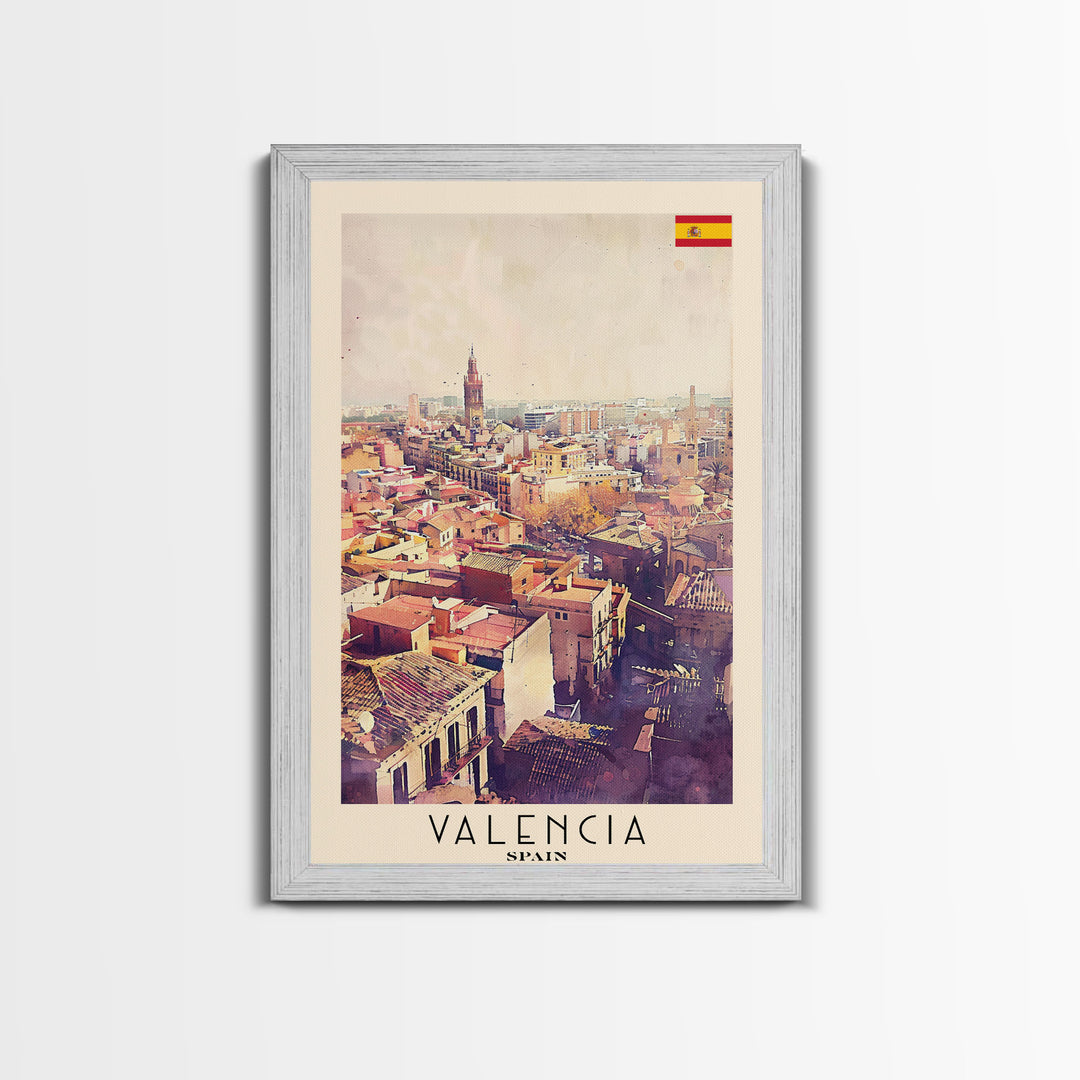 Valencia Spain Travel Poster Framed Canvas Print, Watercolor Painting, Coastal Wall Art, Home Decor, Spanish Seaside, Mediterranean Decor