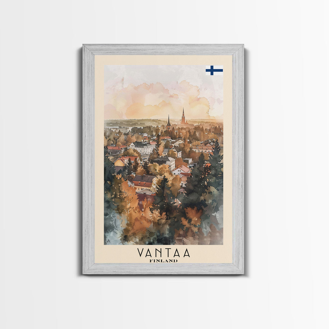 Vantaa Finland Travel Poster Framed Canvas Print, Watercolor Painting, Urban Wall Art, Home Decor, Finnish Cityscape, Modern Art