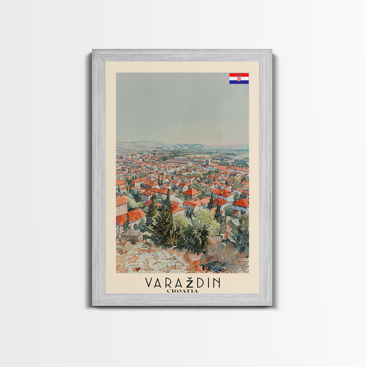 Varadin Croatia Travel Poster Framed Canvas Print, Watercolor Painting, Scenic Wall Art, Home Decor, Croatian Landscape, Rustic Decor