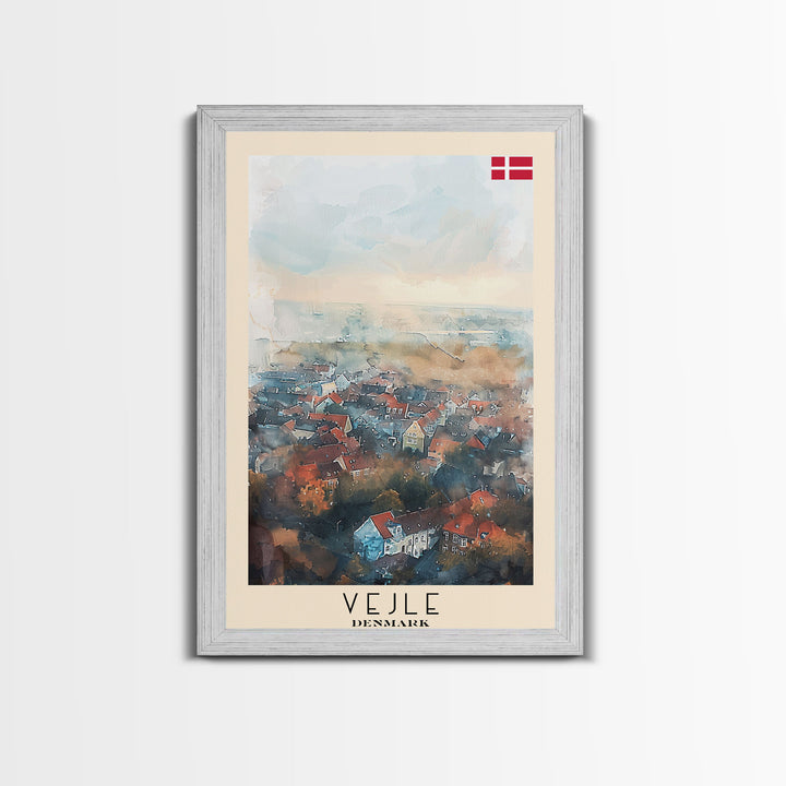 Vejle Denmark Travel Poster Framed Canvas Print, Watercolor Painting, Scenic Wall Art, Home Decor, Danish Landscape, Nordic Decor