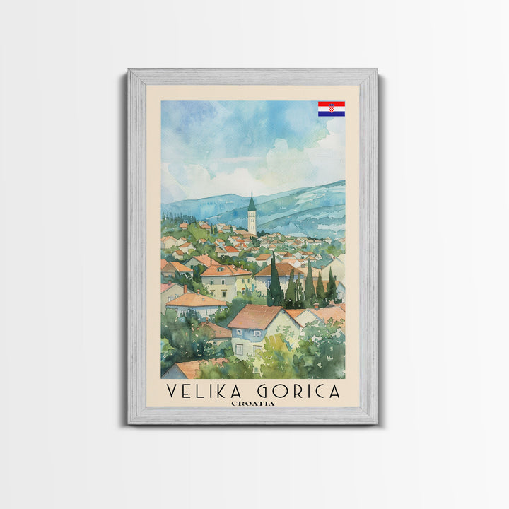 Velika Gorica Croatia Travel Poster Framed Canvas Print, Watercolor Painting, Urban Wall Art, Home Decor, Croatian Cityscape, Vibrant Art