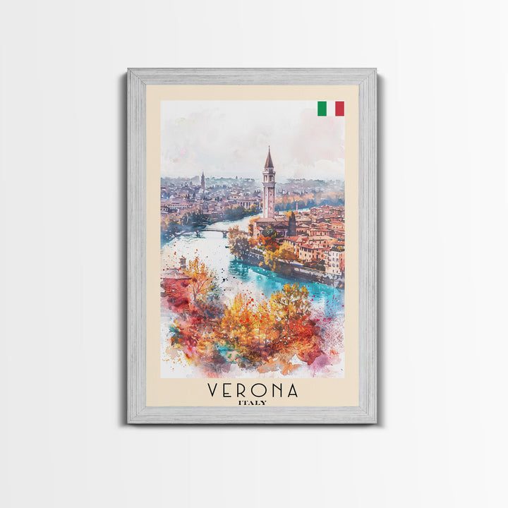 Verona Italy Travel Poster Framed Canvas Print, Watercolor Painting, Historic Wall Art, Home Decor, Italian Cityscape, Shakespearean Decor