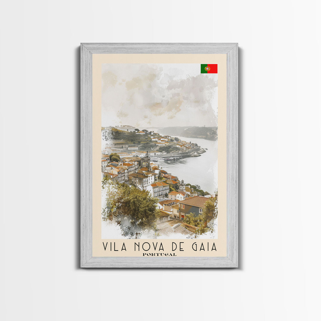 Vila Nova de Gaia Portugal Travel Poster Framed Canvas Print, Watercolor Painting, Scenic Wall Art, Home Decor, Portuguese Landscape, Vintage Art