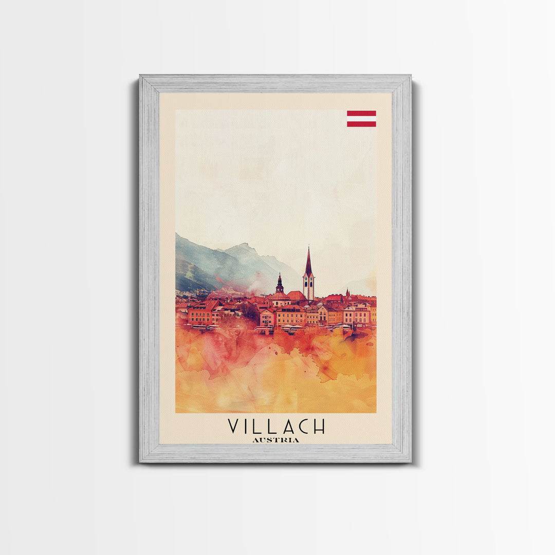 Villach Austria Travel Poster Framed Canvas Print, Watercolor Painting, Scenic Wall Art, Home Decor, Austrian Landscape, Alpine Art