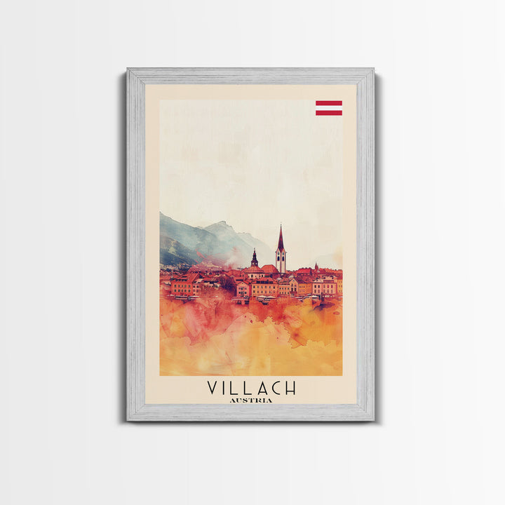 Villach Austria Travel Poster Framed Canvas Print, Watercolor Painting, Scenic Wall Art, Home Decor, Austrian Landscape, Alpine Art