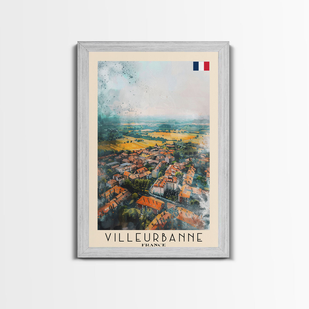 Villeurbanne France Travel Poster Framed Canvas Print, Watercolor Painting, Urban Wall Art, Home Decor, French Cityscape, Contemporary Decor