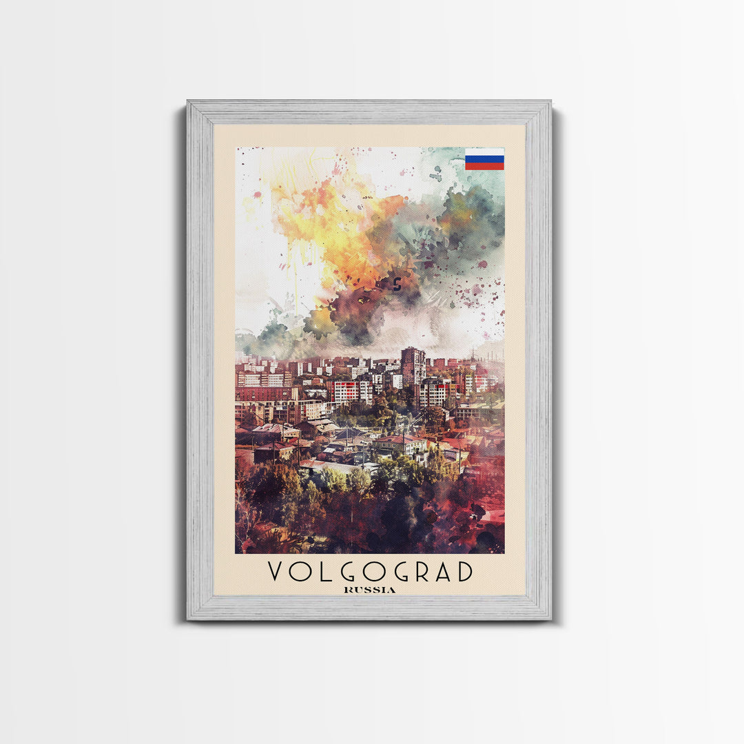 Volgograd Russia Travel Poster Framed Canvas Print, Watercolor Painting, Urban Wall Art, Home Decor, Russian Cityscape, Heritage Art