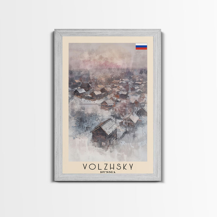 Volzhsky Russia Travel Poster Framed Canvas Print, Watercolor Painting, Urban Wall Art, Home Decor, Russian Cityscape, Classic Decor