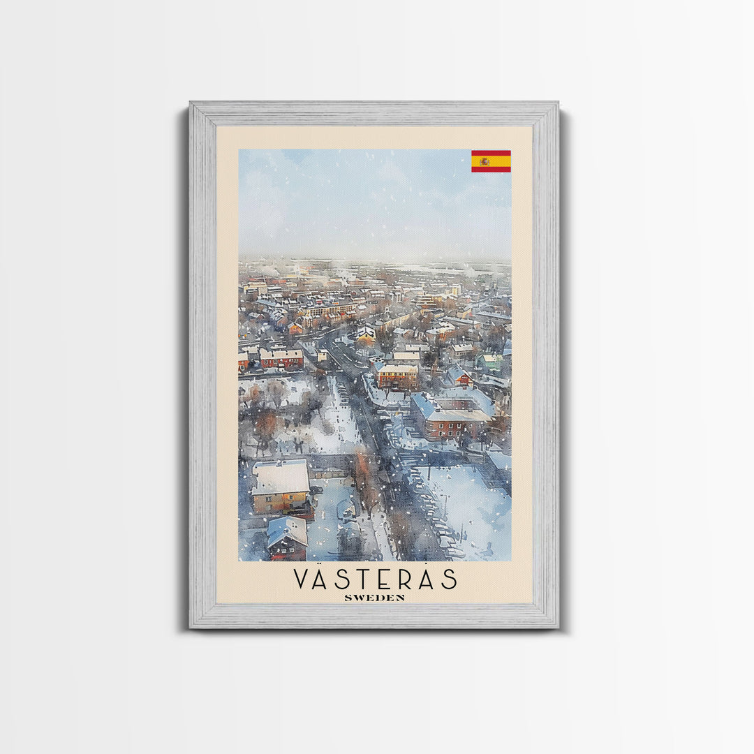 Vsters Sweden Travel Poster Framed Canvas Print, Watercolor Painting, Urban Wall Art, Home Decor, Swedish Cityscape, Modern Art