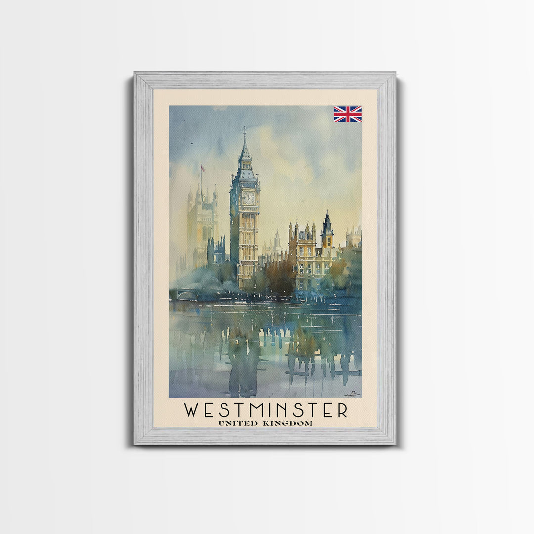 Westminster United Kingdom Travel Poster Framed Canvas Print, Watercolor Painting, Urban Wall Art, Home Decor, British Cityscape, Gift for Travelers