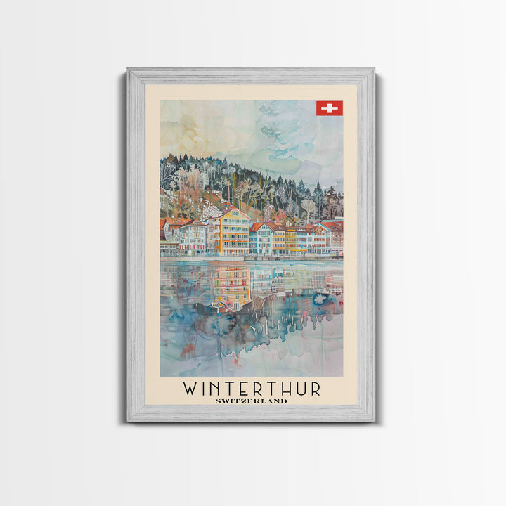 Winterthur Switzerland Travel Poster Framed Canvas Print, Watercolor Painting, Scenic Wall Art, Home Decor, Swiss Landscape, Thoughtful Gift