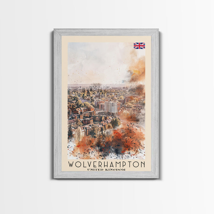 Wolverhampton United Kingdom Travel Poster Framed Canvas Print, Watercolor Painting, Urban Wall Art, Home Decor, British Cityscape, Gift for Art Lovers