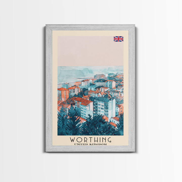 Worthing United Kingdom Travel Poster Framed Canvas Print, Watercolor Painting, Coastal Wall Art, Home Decor, British Seaside, Nautical Gift