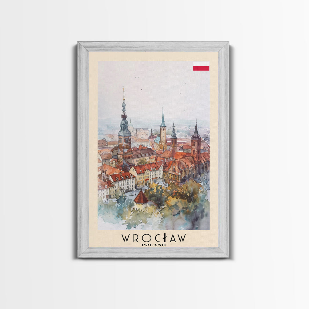 Wrocław Poland Travel Poster Framed Canvas Print, Watercolor Painting, Urban Wall Art, Home Decor, Polish Cityscape, Special Gift