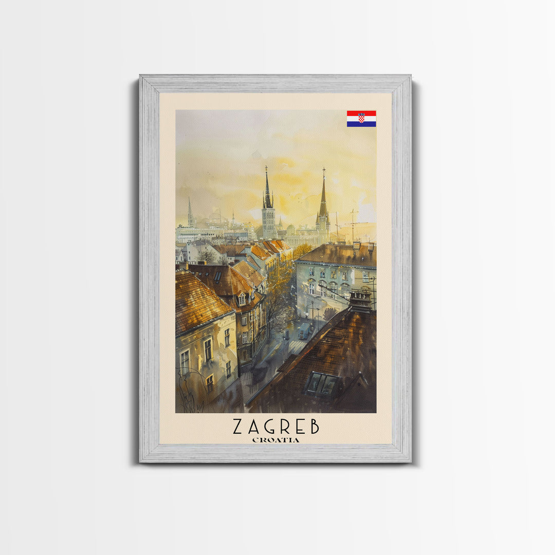 Zagreb Croatia Travel Poster Framed Canvas Print, Watercolor Painting, Urban Wall Art, Home Decor, Croatian Cityscape, Gift for Travelers