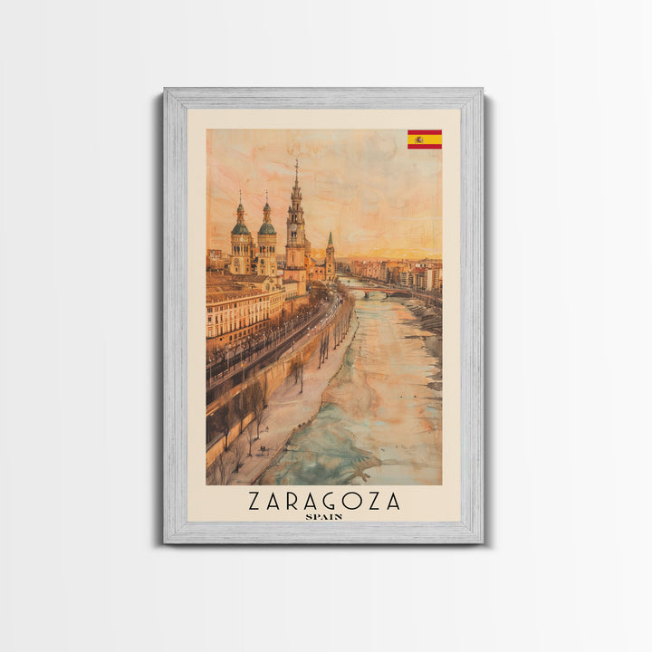 Zaragoza Spain Travel Poster Framed Canvas Print, Watercolor Painting, Urban Wall Art, Home Decor, Spanish Cityscape, Artistic Gift