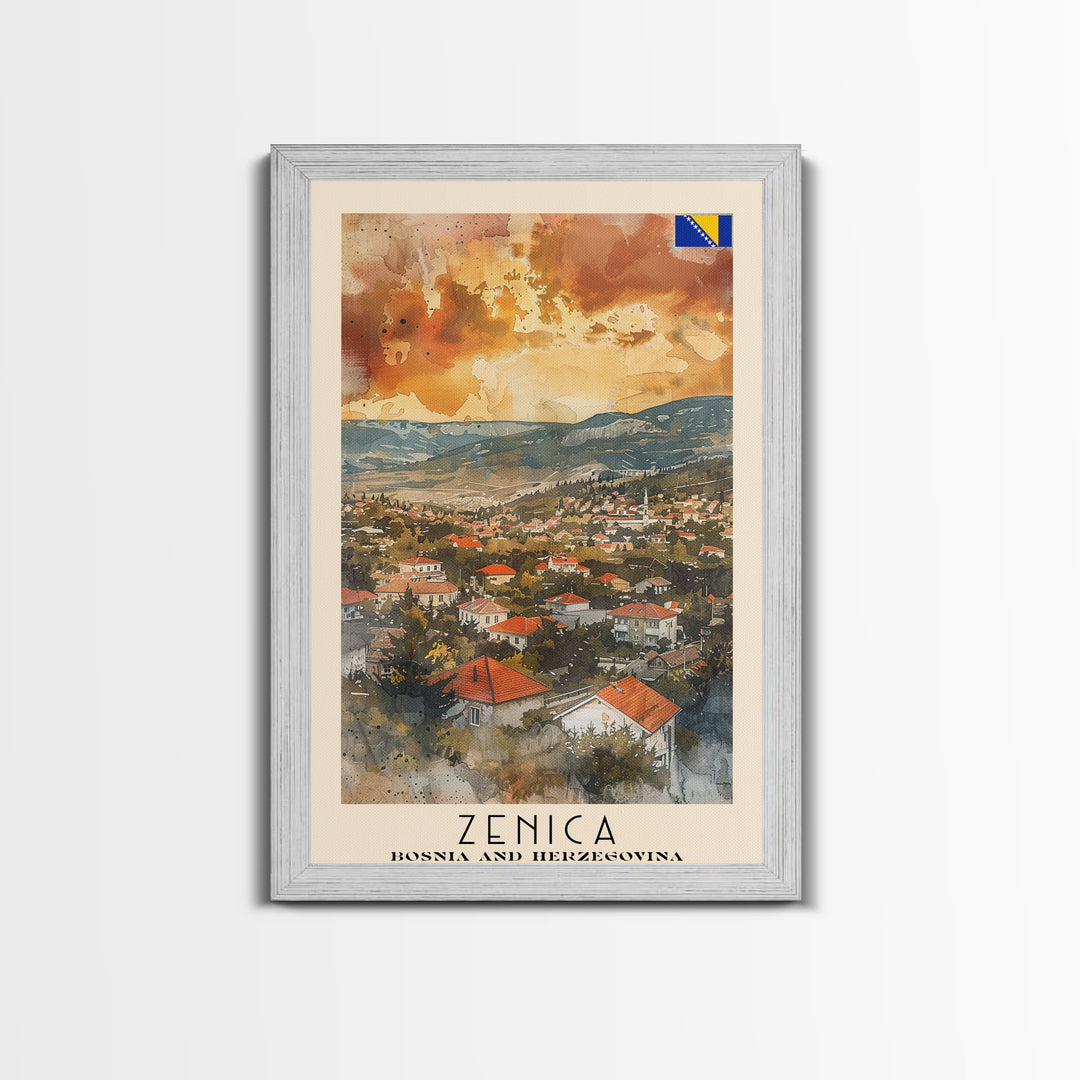 Zenica Bosnia Travel Poster Framed Canvas Print, Watercolor Painting, Scenic Wall Art, Home Decor, Bosnian Landscape, Unique Gift